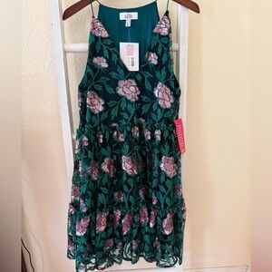 Badgley Mischka Teal Dress with Pink Floral Embroidery